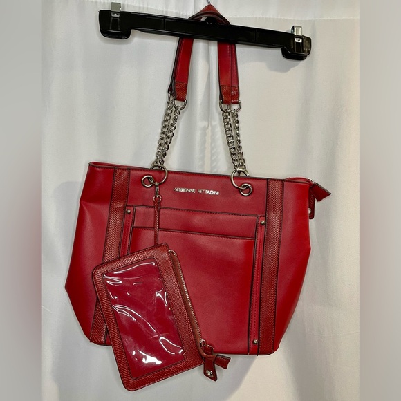Retro Adrienne Vittadini Red Purse Bag Double Silver Chain Straps Zipper Y2K - Picture 2 of 9